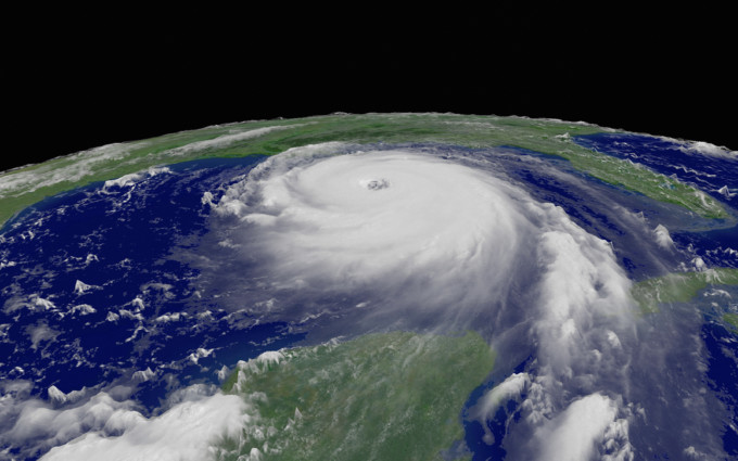 Stock photo of Hurricane Katrina in full force over the Gulf of Mexico just prior to hitting New Orleans on August 28, 2005. This satellite image is provided by the NOAA public domain archives and has been enhanced and optimized by Acclaim Images.